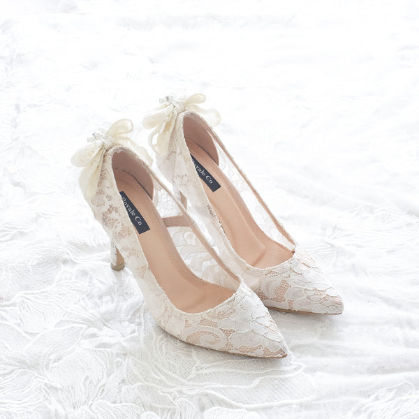 Amazon.com | Womens Lace up Satin Heels Bow Pointed Closed Toe Bridal Dress  Shoes Low Heel Wedding Elegant Pumps | Pumps